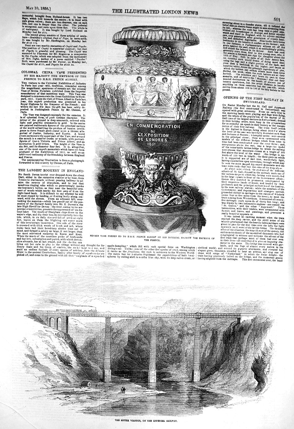 Old Antique Print 1856 Sitter Viaduct Appenzel Railway Prince Albert Vase 19th