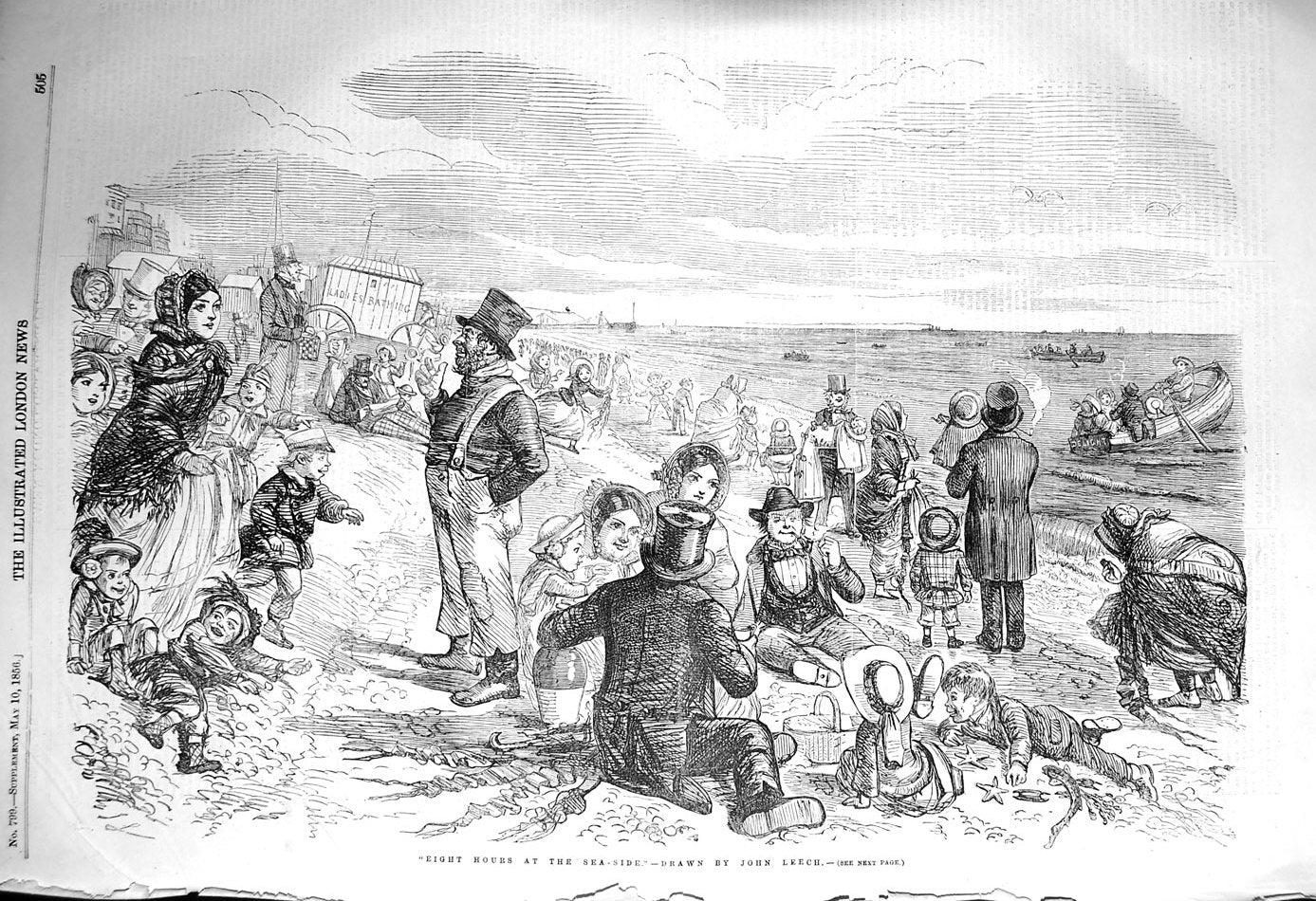 Old Antique Print 1856 Sea-Side Scene Beach Family Children Bathing Sea 19th