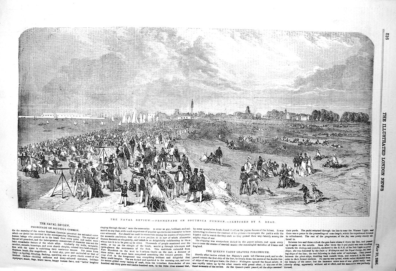 Original Old Antique Print 1856 Naval Review Promenade Southsea Common England