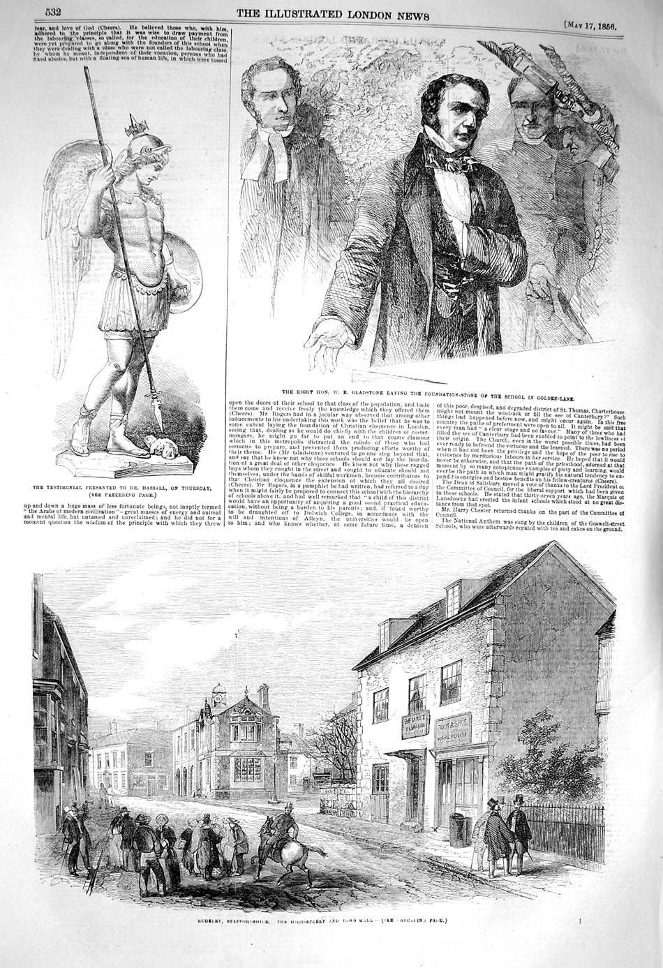 Original Old Antique Print 1856 Rugeley Staffordshire Gladstone School 19th