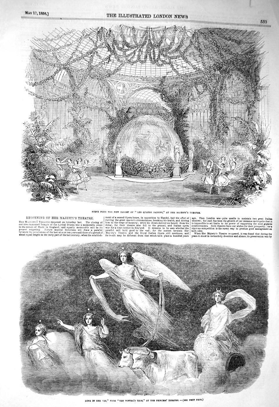 Original Old Antique Print 1856 Ballet Quatre Saisons Theatre Luna Winter 19th