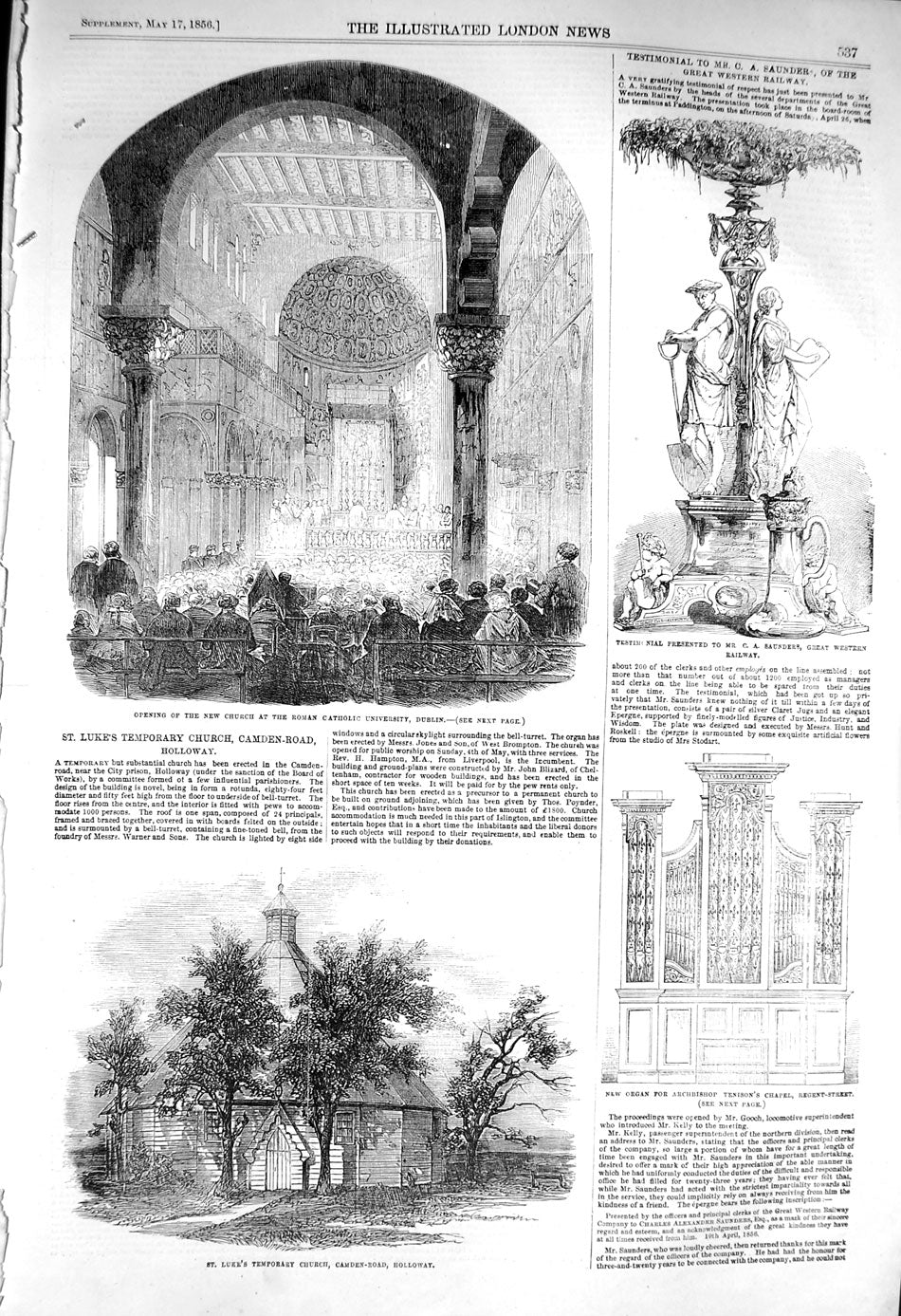Original Old Antique Print 1856 Church Catholic Dublin Saunders Railway H 19th