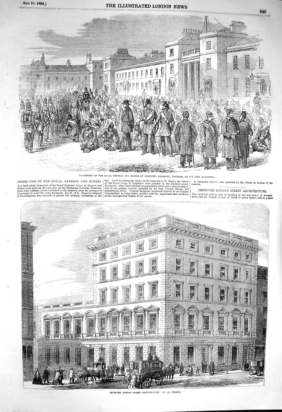 Original Old Antique Print 1856 Sappers Miners Brompton Chatham Strand London