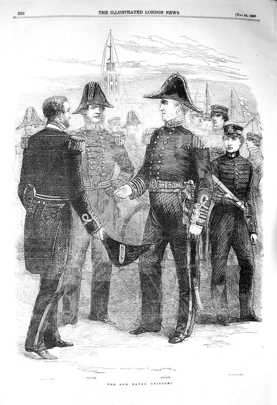 Original Old Antique Print 1856 Naval Uniforms Captain Admiral Midshipman War