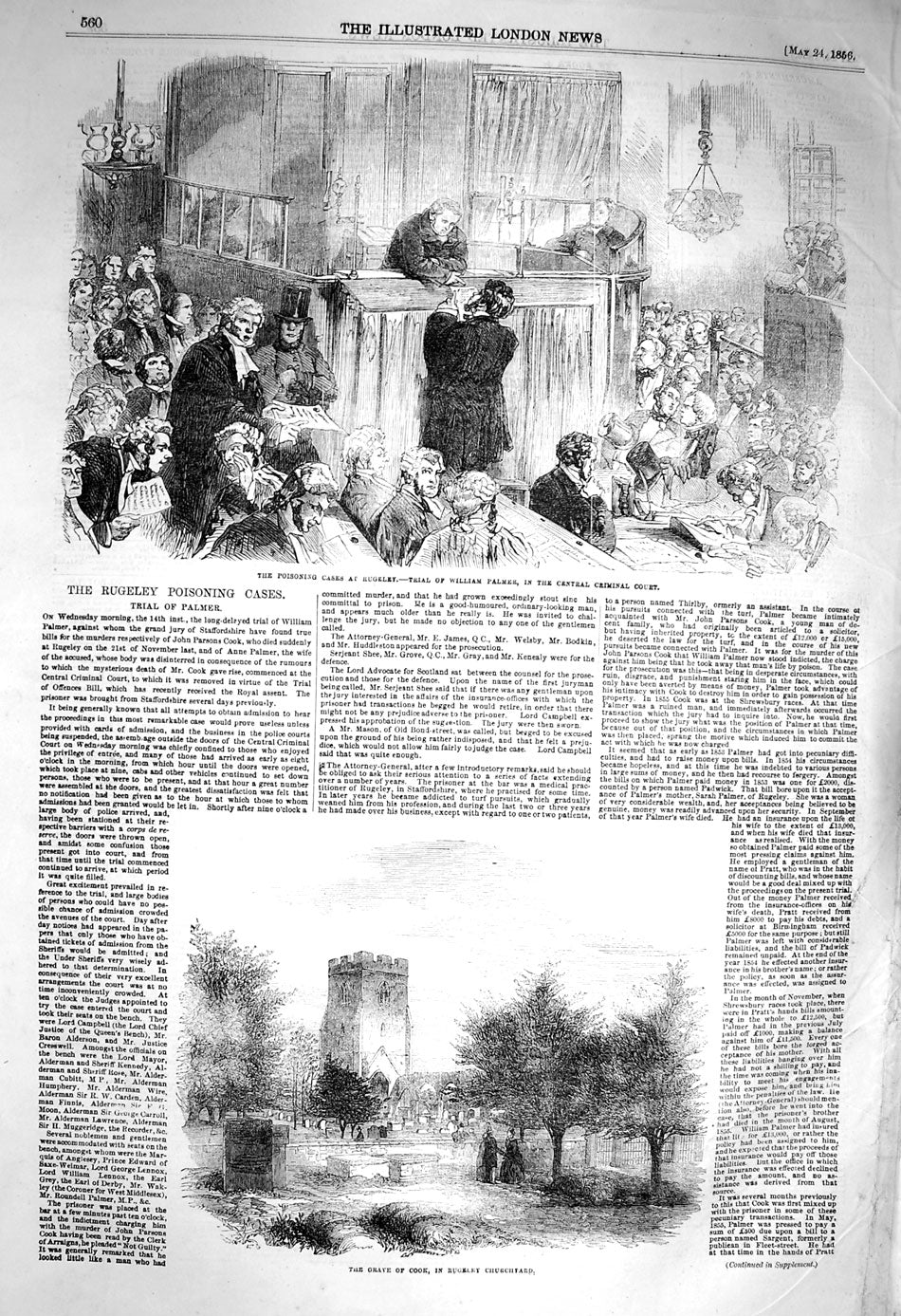 Original Old Antique Print 1856 Grave Cook Rugeley Churchyard Palme Victorian