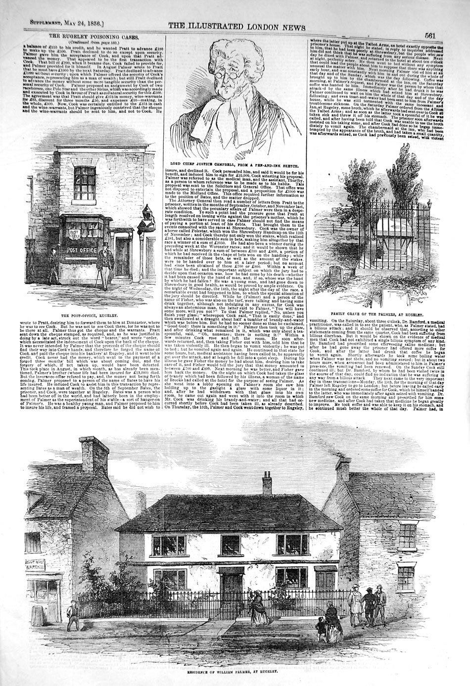 Original Old Antique Print 1856 William Palmer House Rugeley Post-Office C 19th