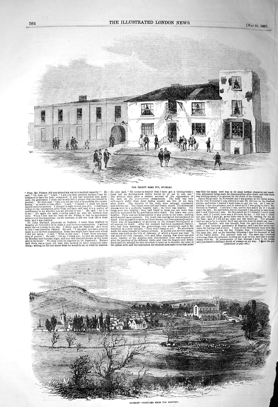 Original Old Antique Print 1856 View Talbot Arms Inn Rugeley Town Mo Victorian