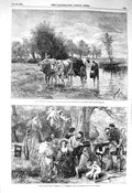 Original Old Antique Print 1856 Water Cart Cows Cattle Romance Cherubs Art 19th