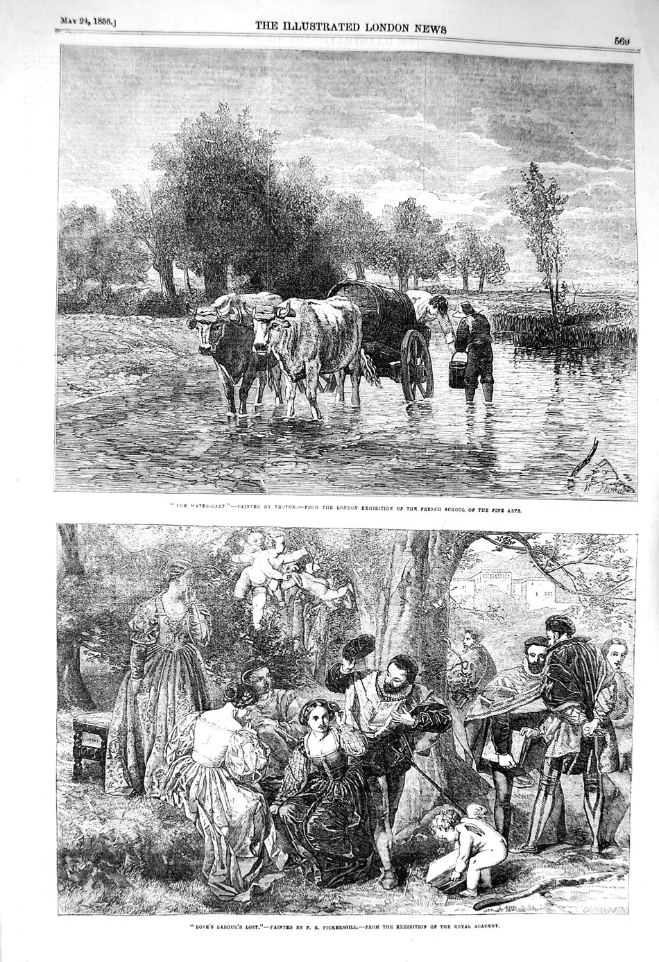 Original Old Antique Print 1856 Water Cart Cows Cattle Romance Cherubs Art 19th