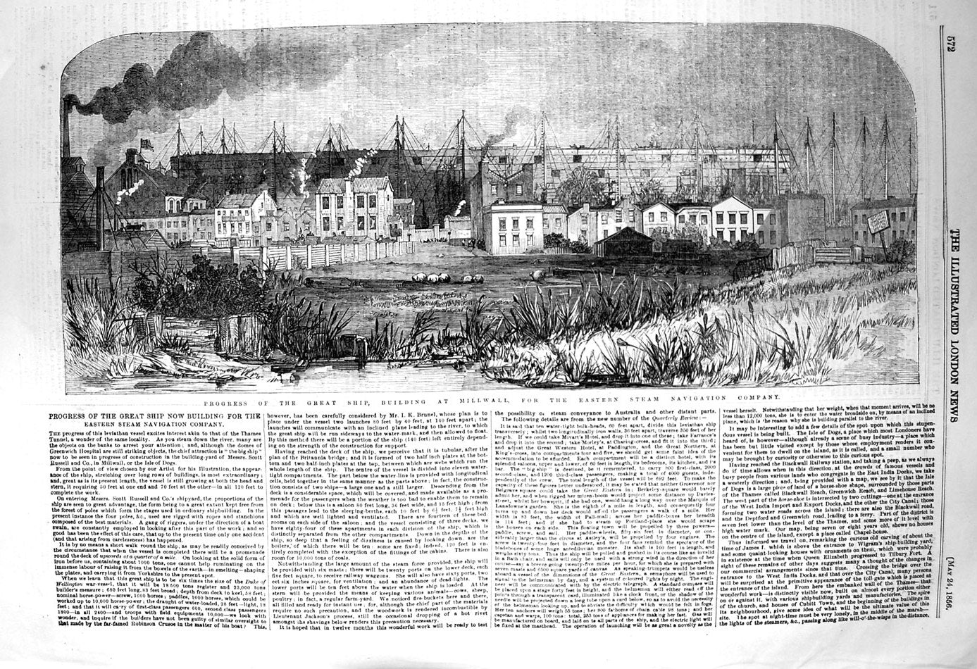 Original Old Antique Print 1856 Ship Building Millwall Steam Navigation Company