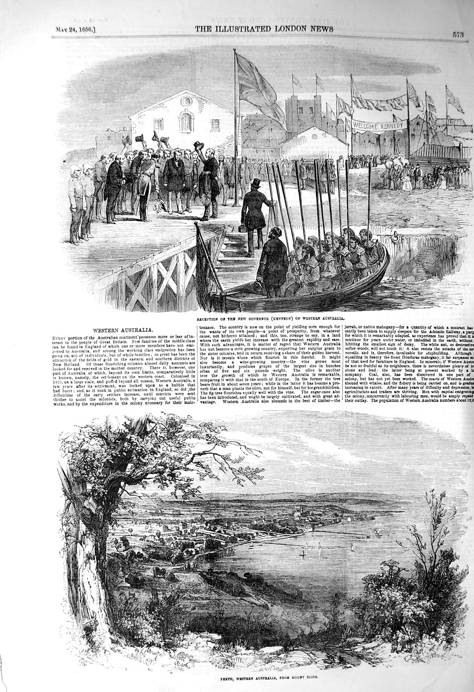 Original Old Antique Print 1856 Governor Kennedy Australia Perth Moun Victorian