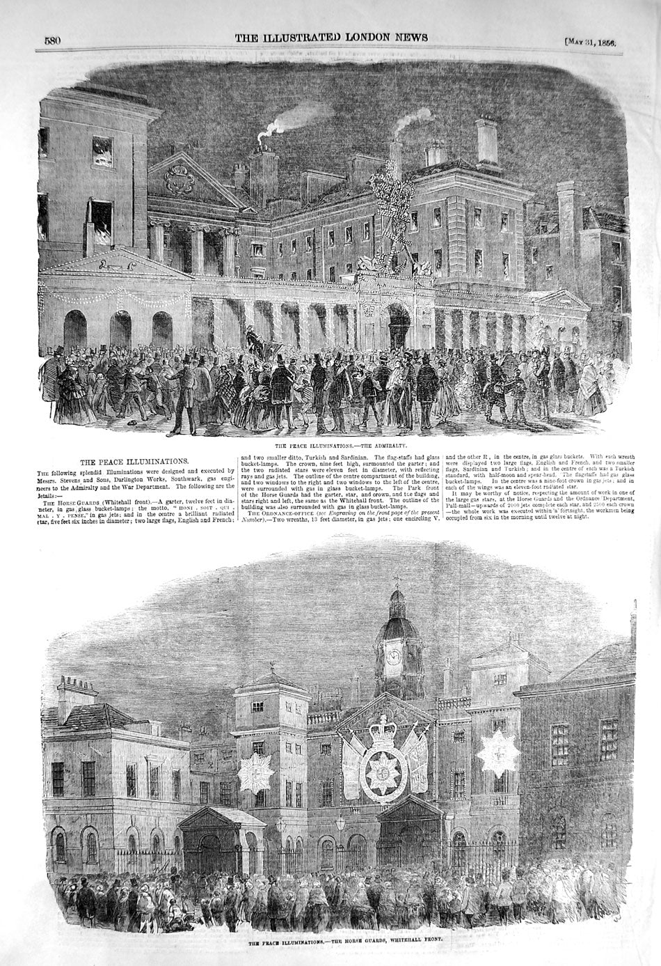 Old Antique Print 1856 Peace Illuminations Horse Guards Whitehall London 19th