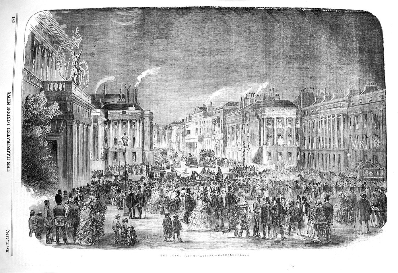 Old Antique Print 1856 Peace Illuminations Waterloo Place London England 19th