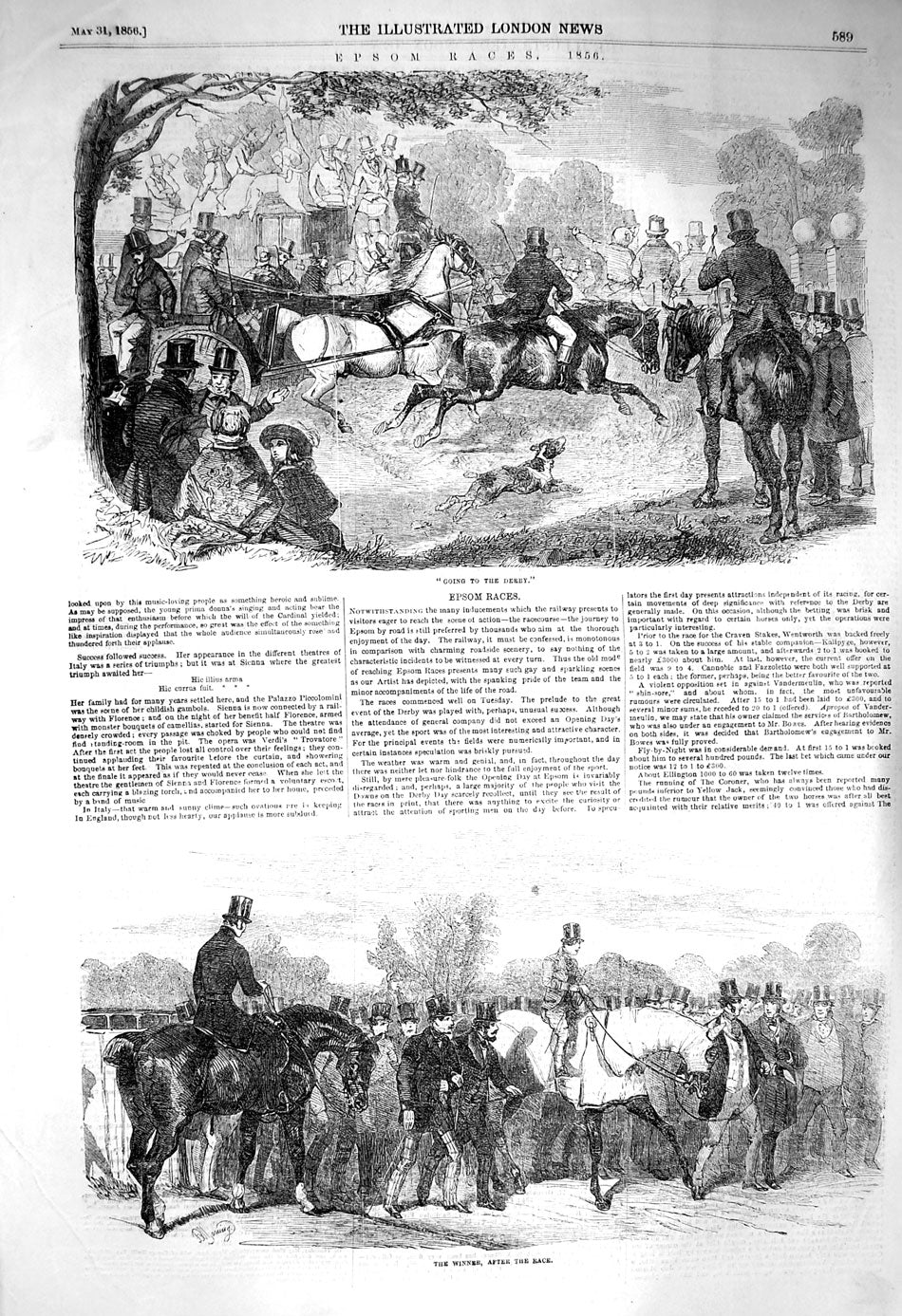 Original Old Antique Print 1856 Epsom Horse Races Derby Winner Sport Victorian
