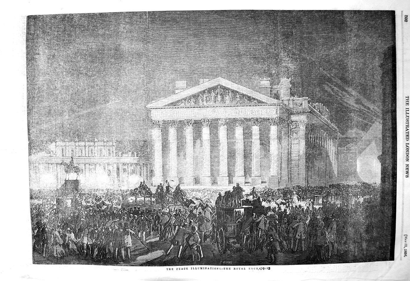 Original Old Antique Print 1856 Peace Illuminations Royal Exchange Building