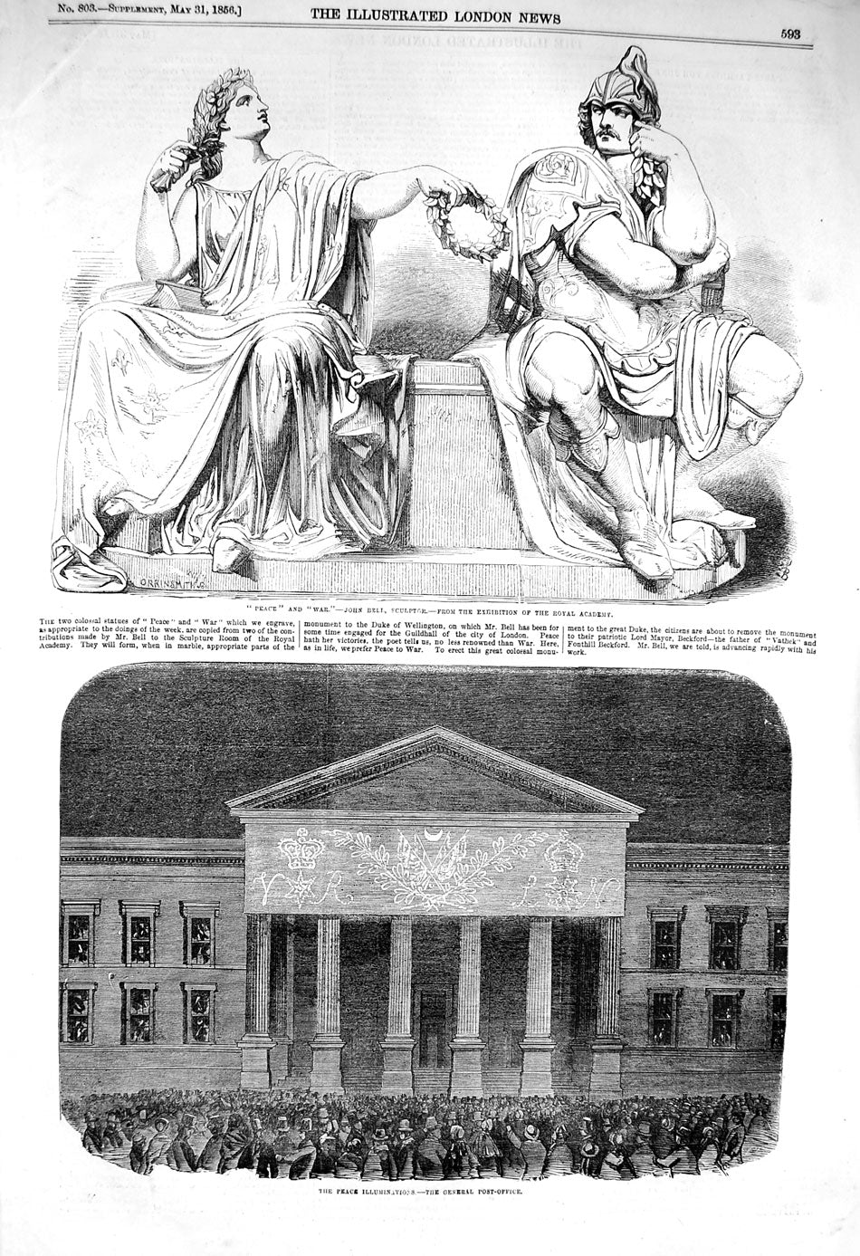 Old Antique Print 1856 Peace War Sculpture John Bell General Post Office 19th