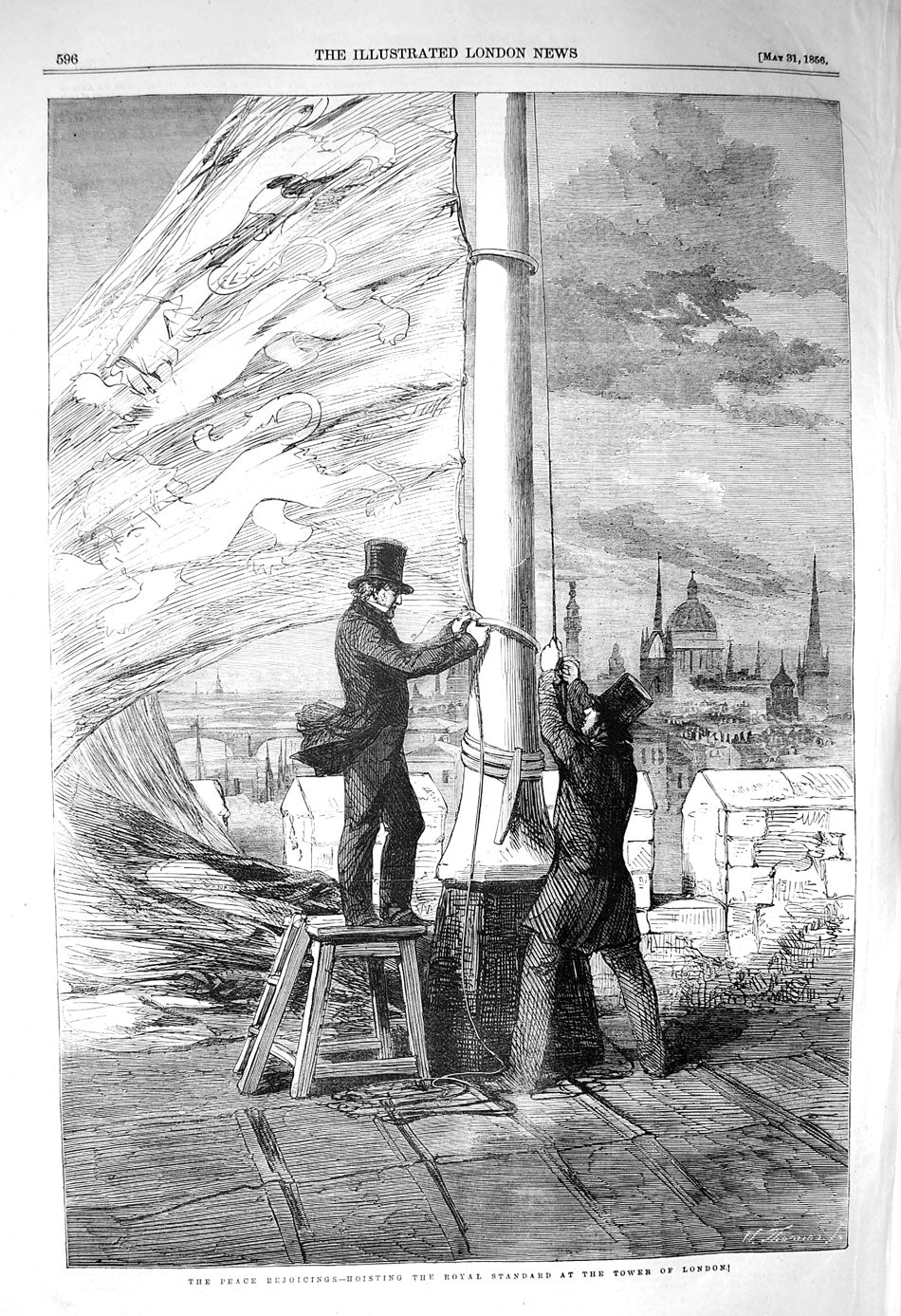 Original Old Antique Print 1856 Peace Rejoicings Royal Standard Tower Victorian