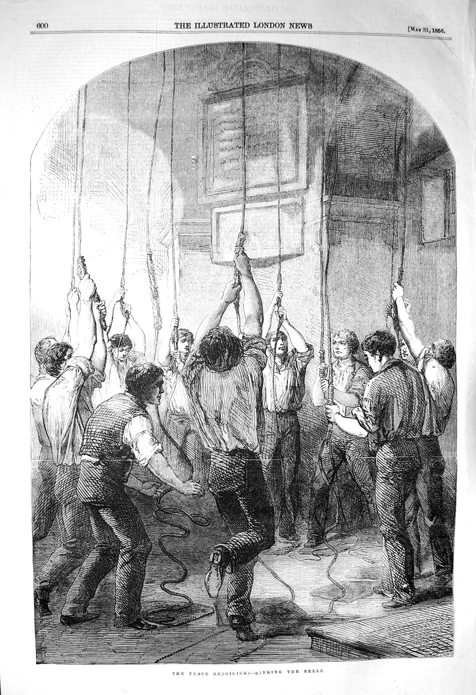 Original Old Antique Print 1856 Peace Rejoicings Men Ringing Churc Victorian