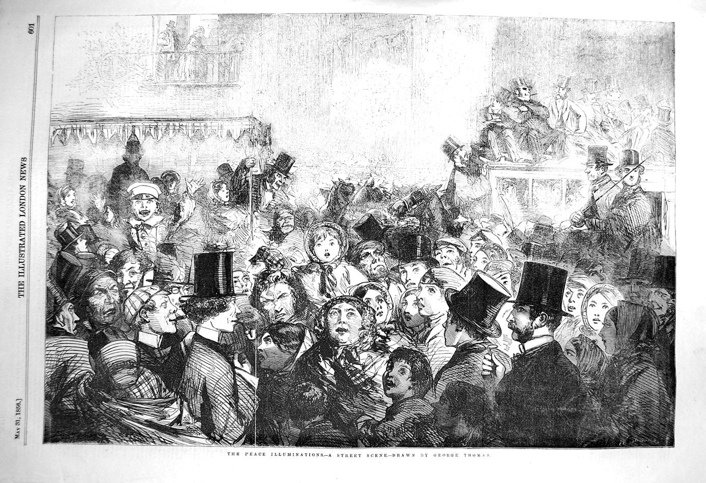 Original Old Antique Print 1856 Peace Illuminations Street Scene People 19th