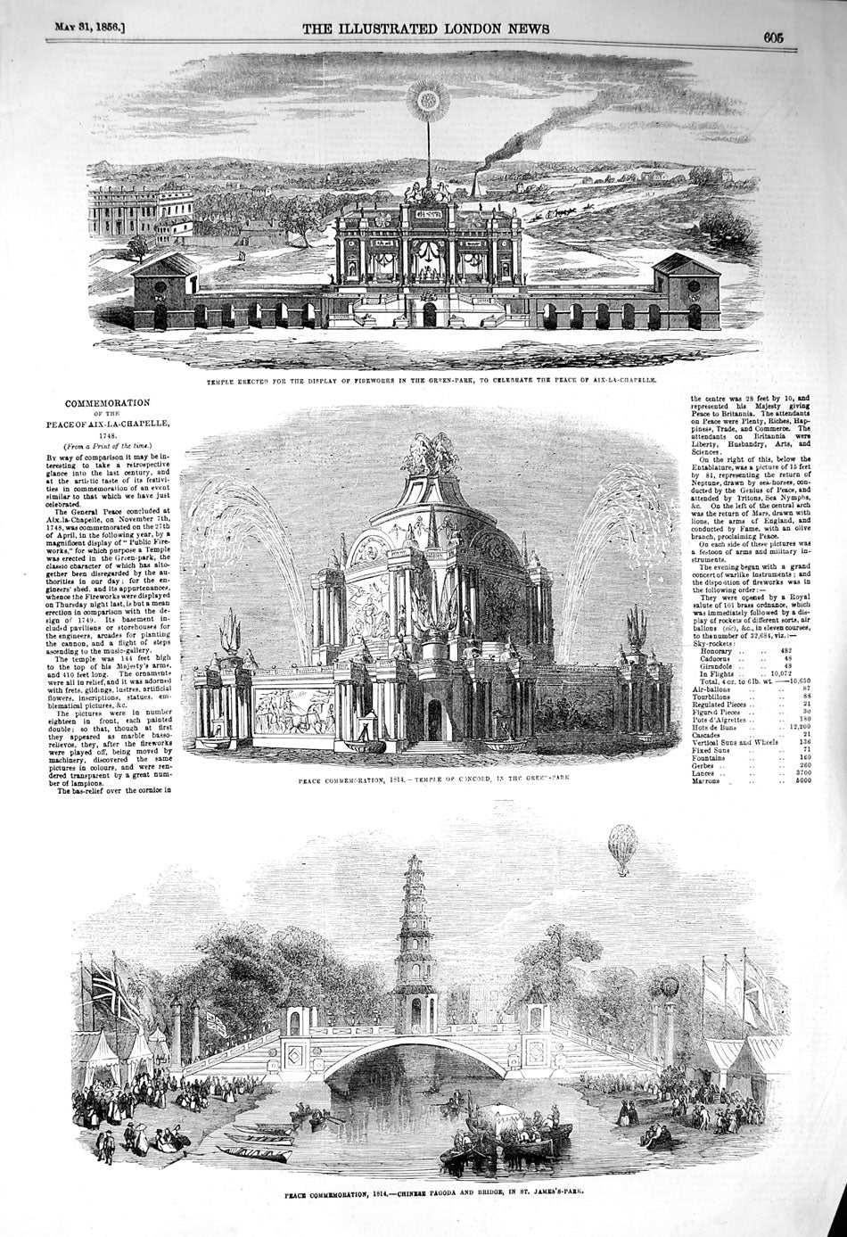 Original Old Antique Print 1856 Temple Aix-La-Chapelle Temple Concord Victorian