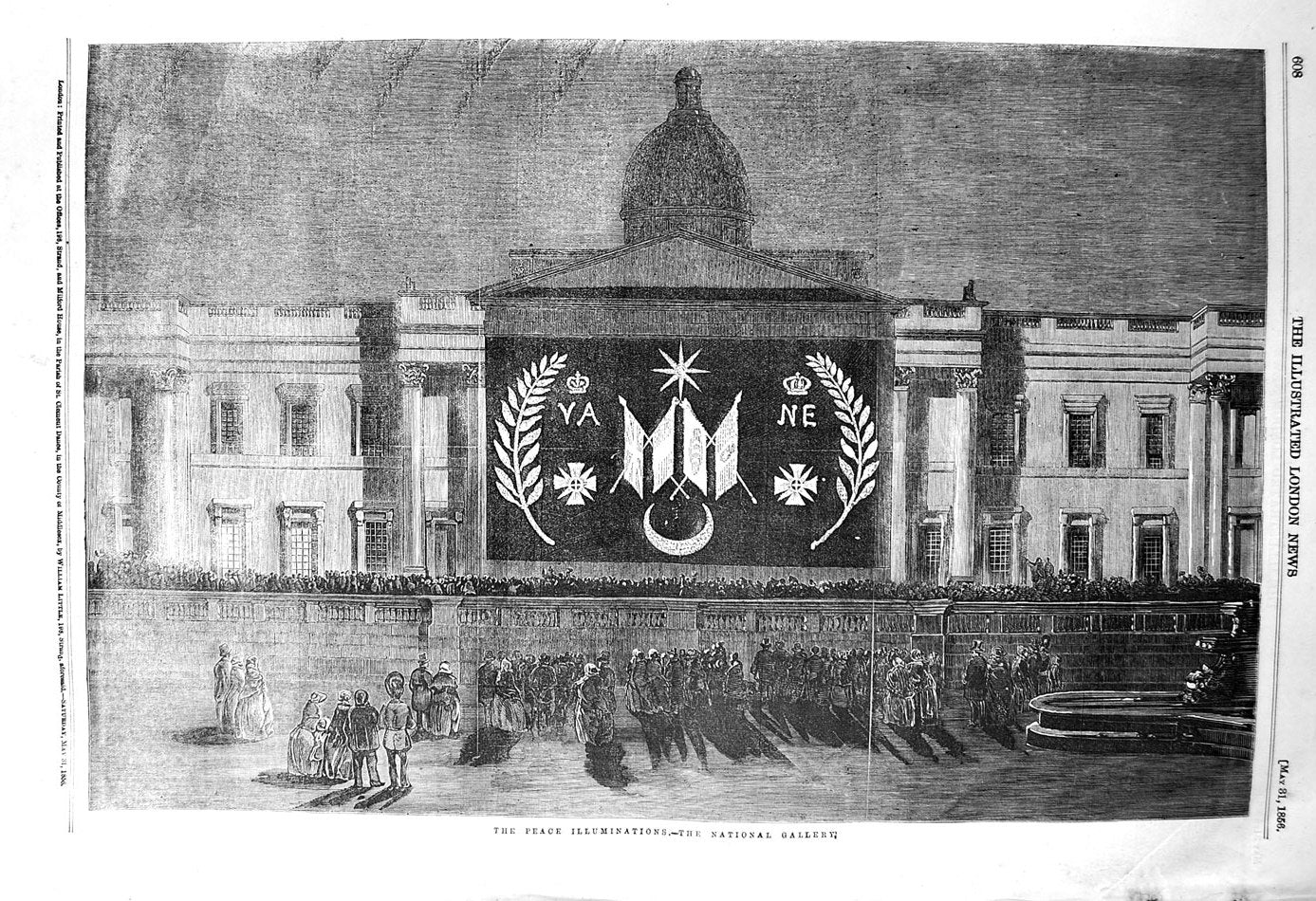 Original Old Antique Print 1856 Peace Illuminations National Gallery Building