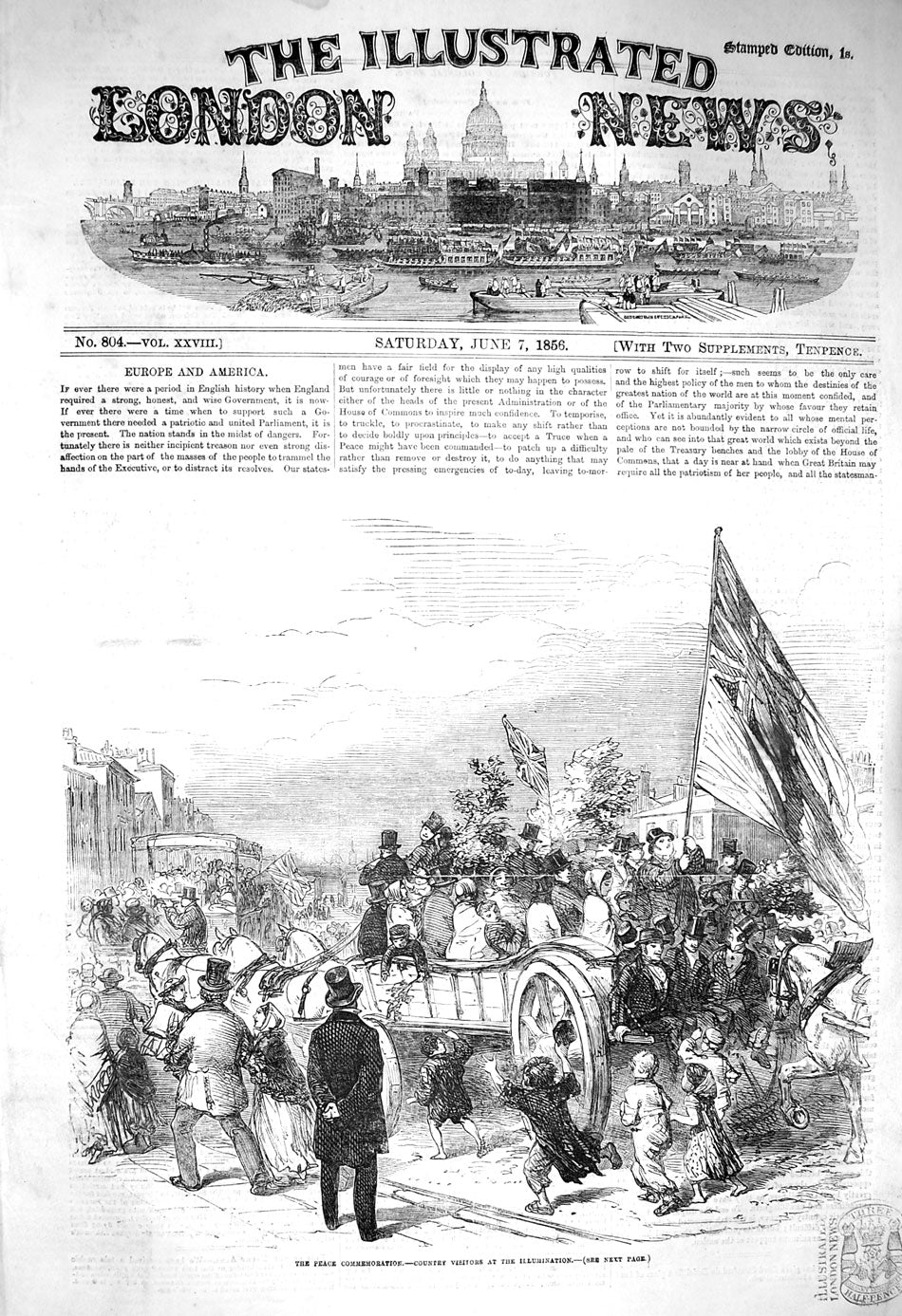 Original Old Antique Print 1856 Peace Commemoration Country Visitors Horse Cart
