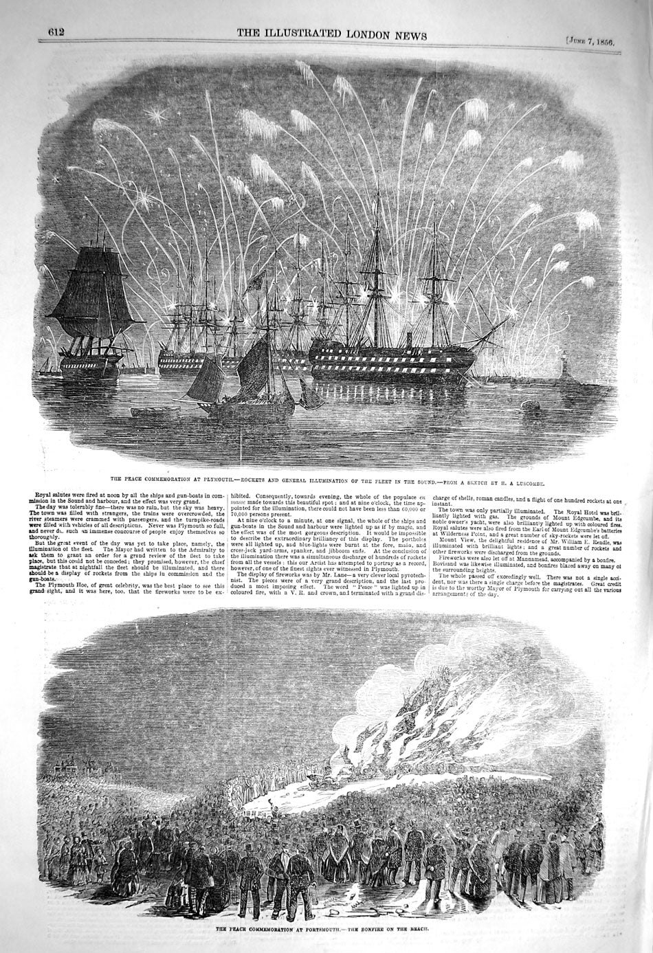 Original Old Antique Print 1856 Plymouth Rockets Ship Sound Peace Commemoration