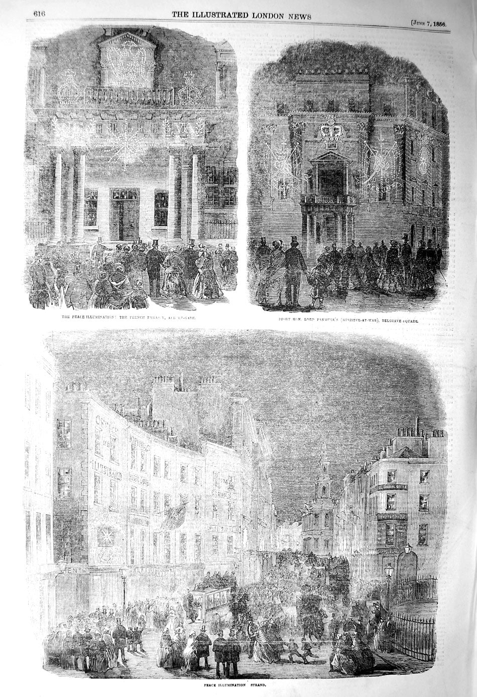 Original Old Antique Print 1856 Peace Illuminations Strand Belgrave Albert-Gate