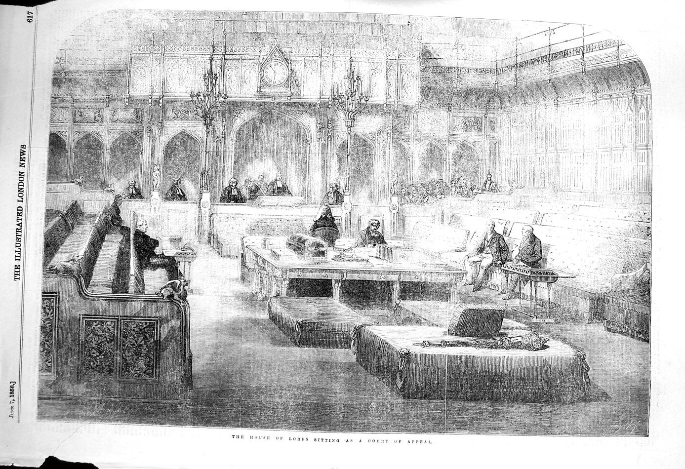 Original Old Antique Print 1856 House Lords Court Appeal Men Meeting Victorian