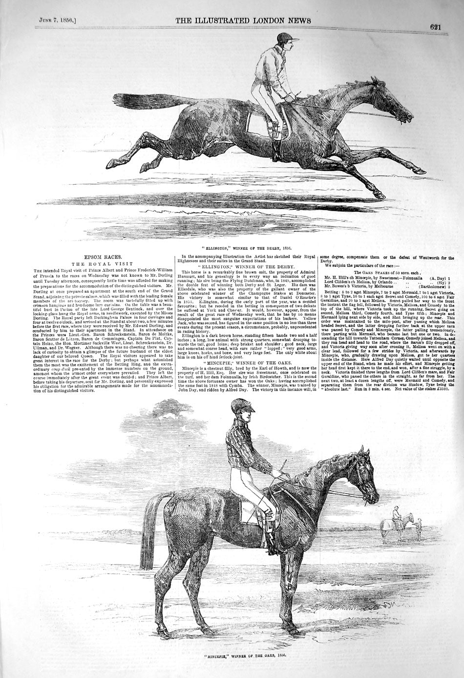 Original Old Antique Print 1856 Ellington Horse Derby Mincepie Oaks Sport 19th