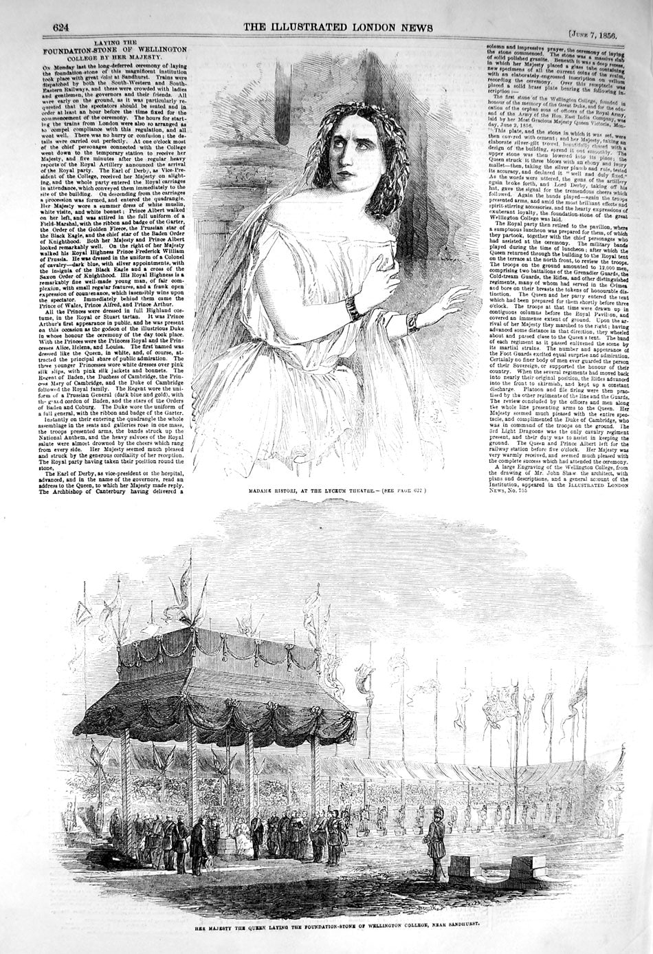 Original Old Antique Print 1856 Madame Ristori Theatre Queen Wellington College
