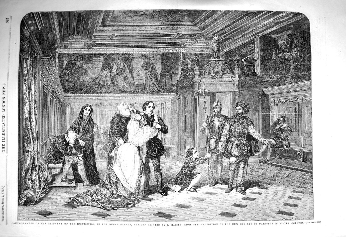 Original Old Antique Print 1856 Antechamber Tribunal Ducal Palace Venic 19th