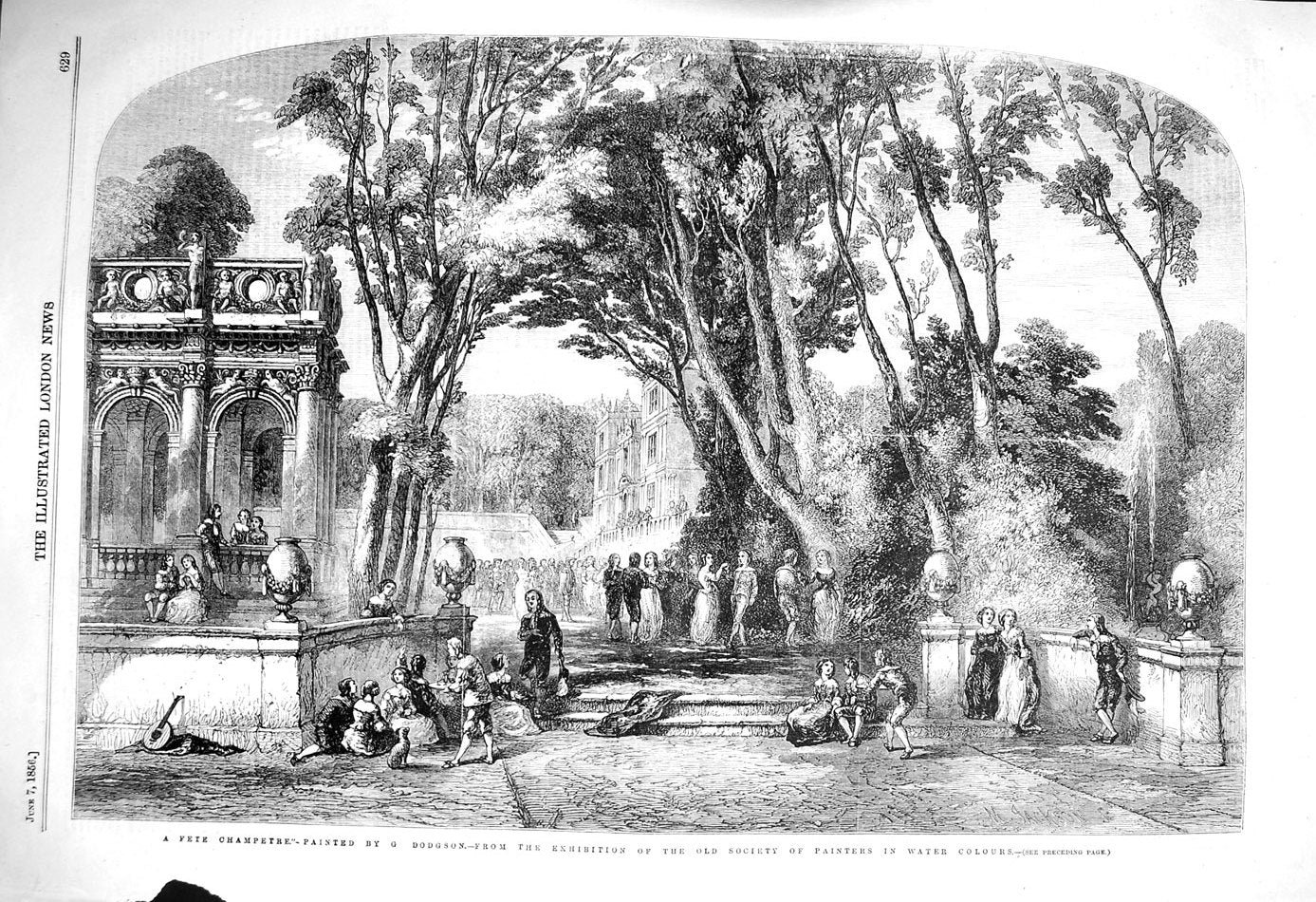 Original Old Antique Print 1856 Fete Champetre People Gardens 19th