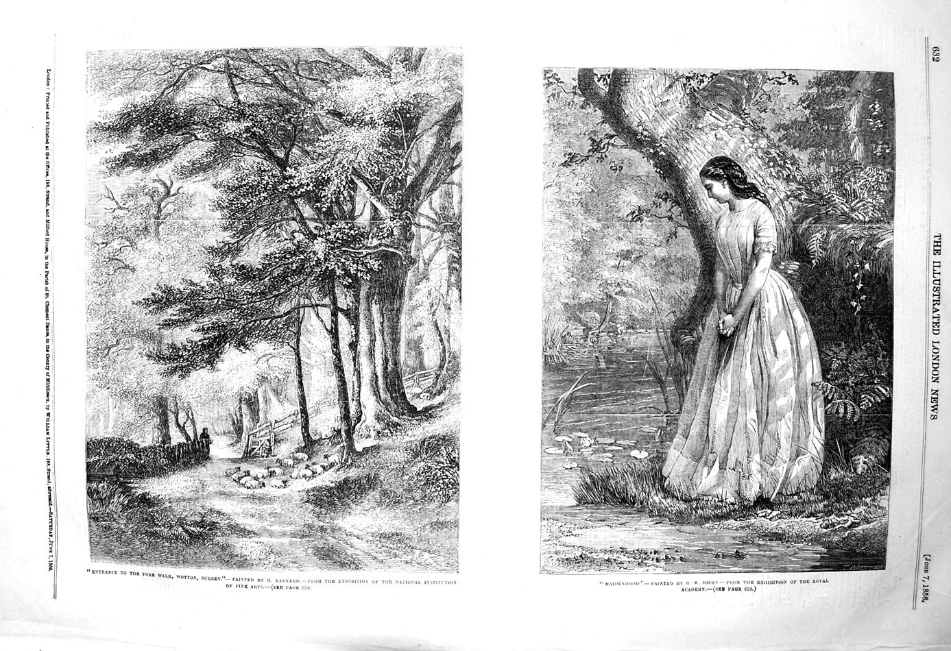 Original Old Antique Print 1856 Fore Walk Wotton Surrey Maidenhood Young Girl
