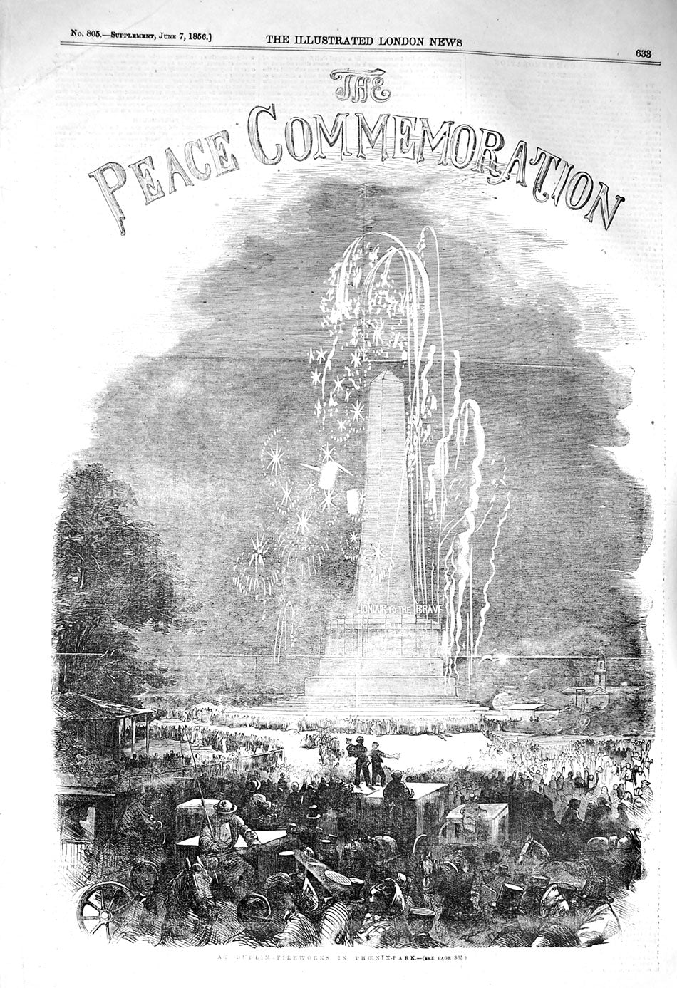 Old Antique Print 1856 Dublin Fireworks Phoenix Park Peace Commemoration 19th