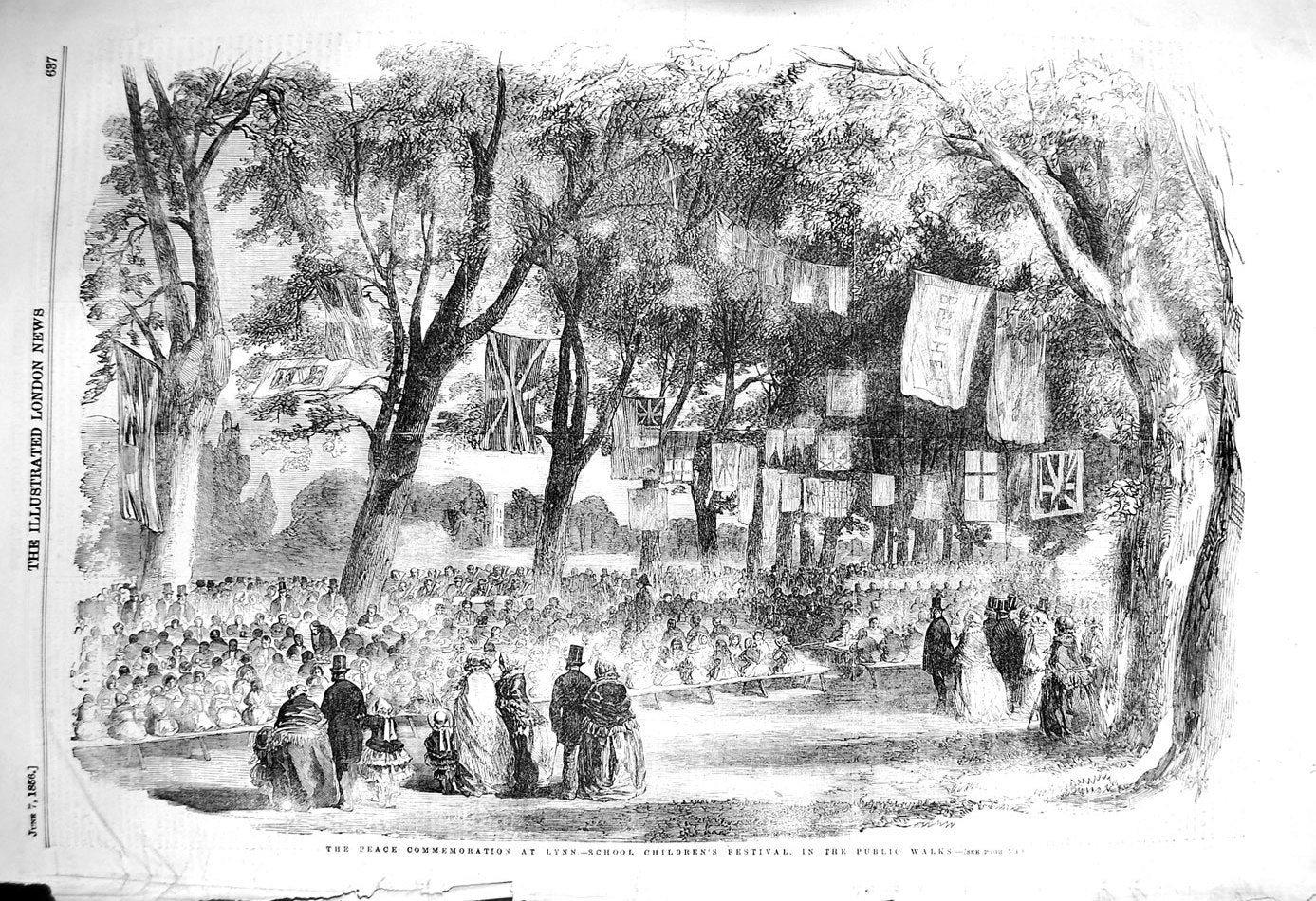 Old Antique Print 1856 Peace Commemoration Lynn School Children Festival 19th