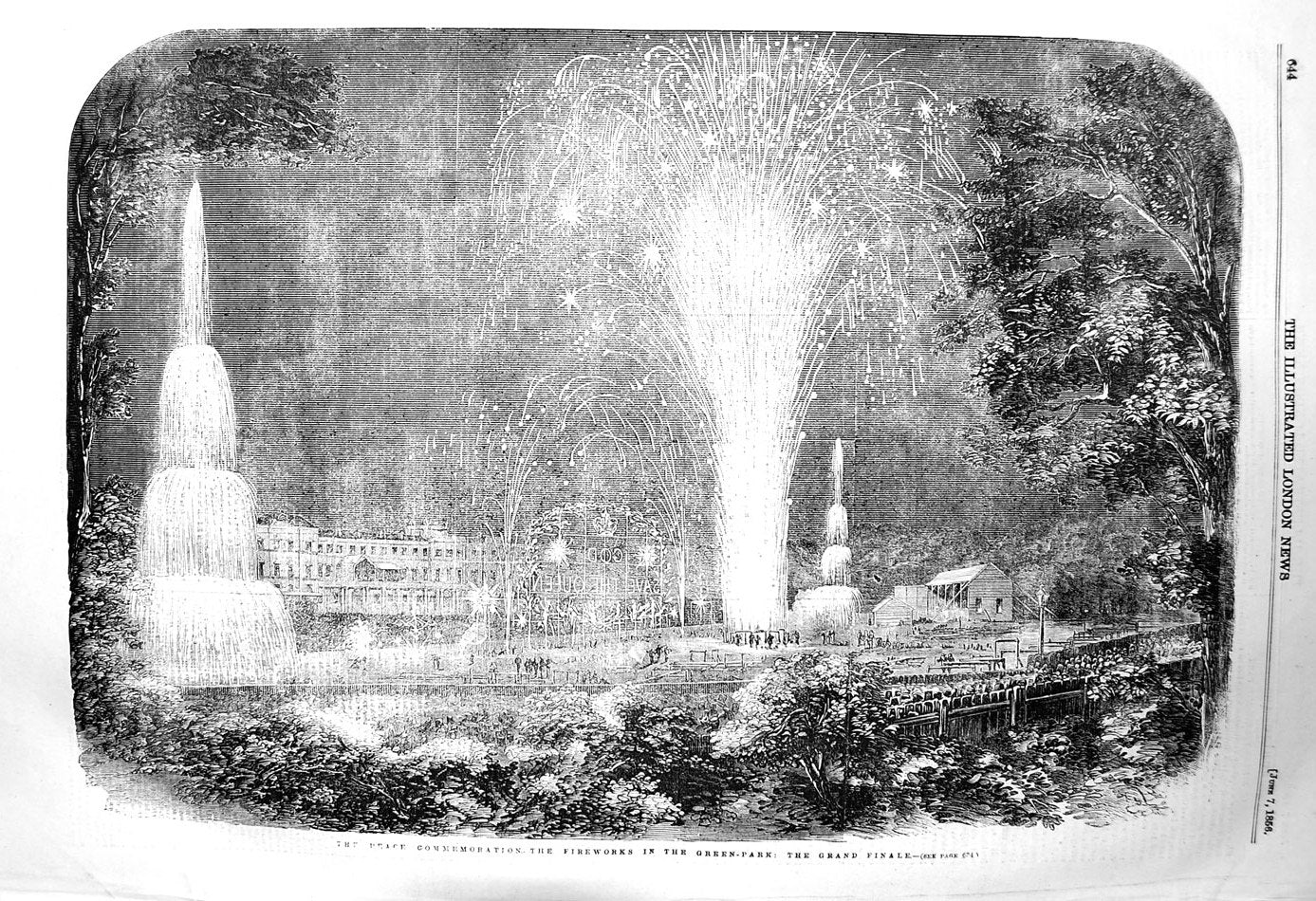 Original Old Antique Print 1856 Peace Commemoration Fireworks Green Park London