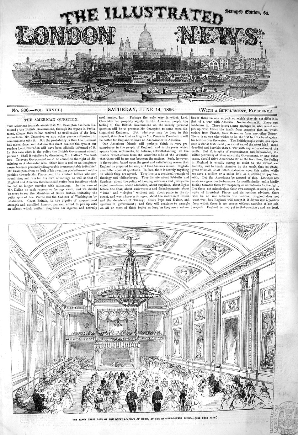 Original Old Antique Print 1856 Fancy Dress Ball Royal Academy Music Hanover