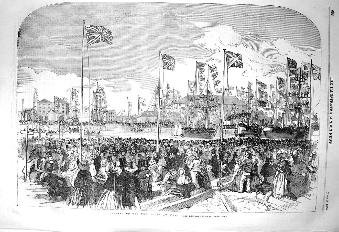 Original Old Antique Print 1856 Opening New Docks Hartlepool Flag Ships 19th
