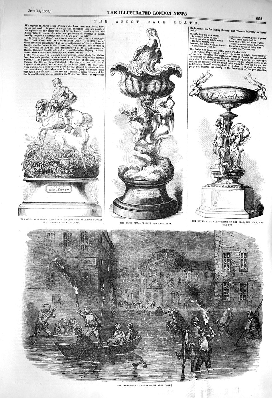 Original Old Antique Print 1856 Inundation Lyons Ascot Cup Royal Hunt GVase