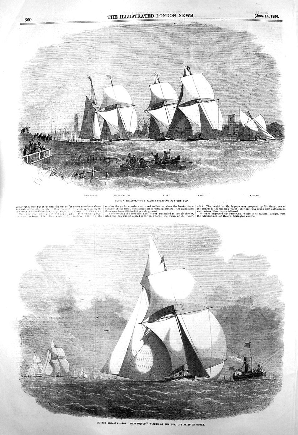 Original Old Antique Print 1856 Boston Regatta Yachts Waterwitch Friesto 19th