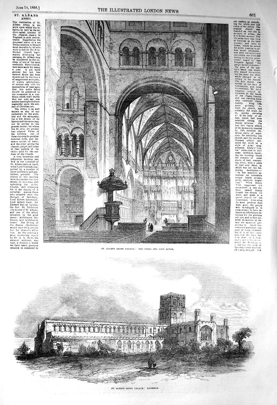 Original Old Antique Print 1856 St. Albans Church Choir High Altar Architecture