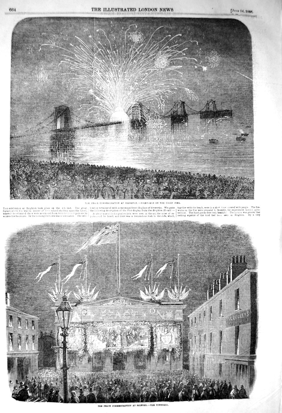 Original Old Antique Print 1856 Peace Commemoration Brighton Salford Townhall
