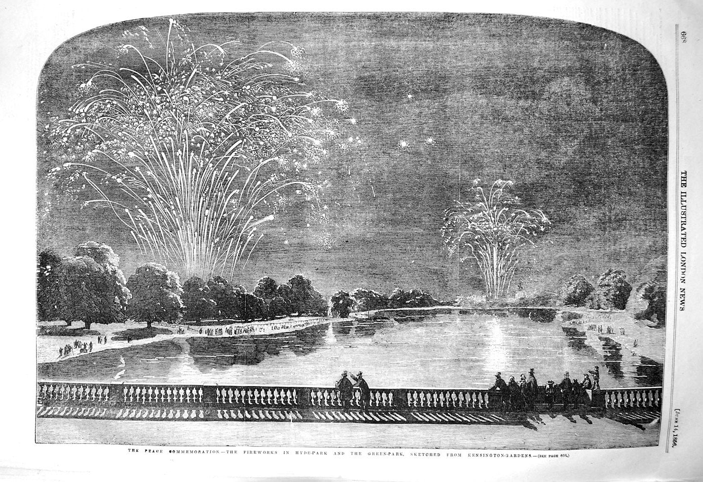 Original Old Antique Print 1856 Peace Commemoration Fireworks Hyde-Park 19th