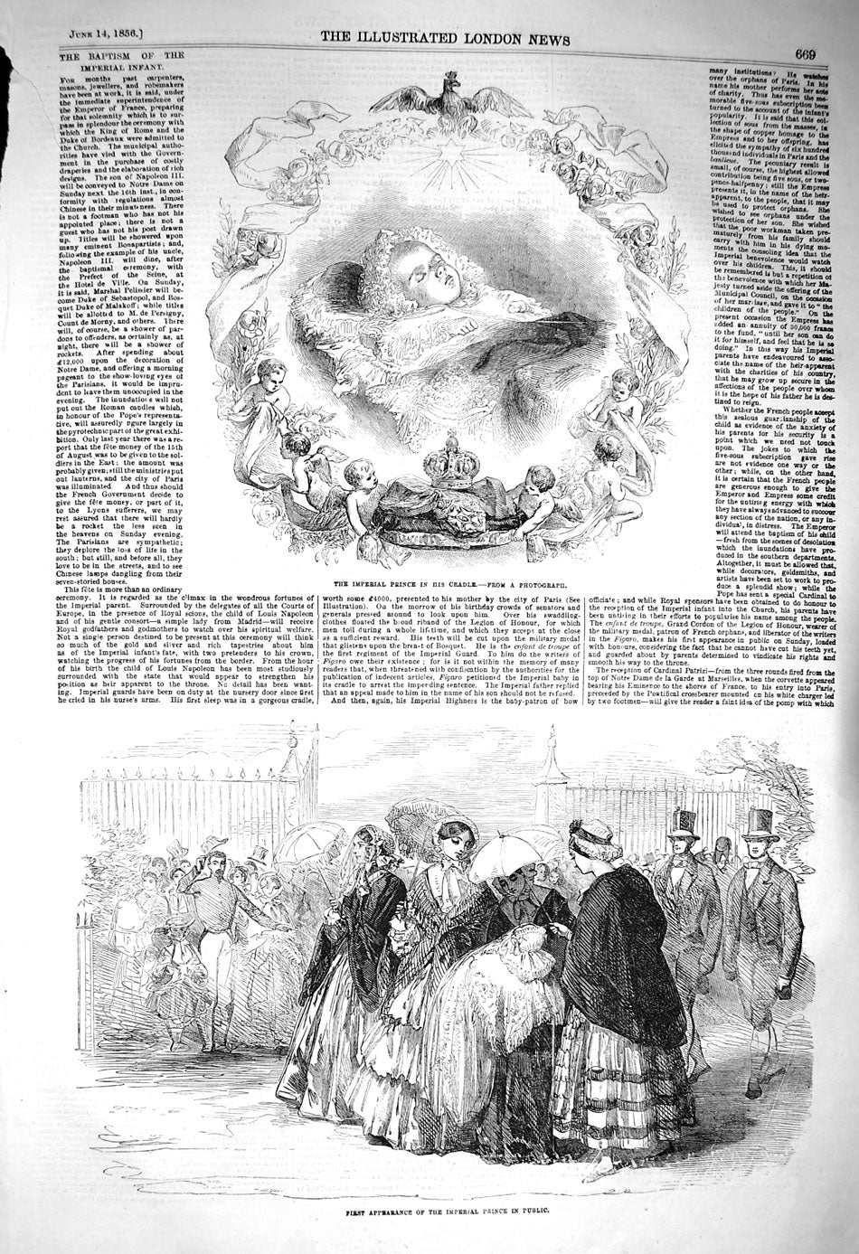 Original Old Antique Print 1856 Imerial Prince Baby Cradle Public Appearanc 19th
