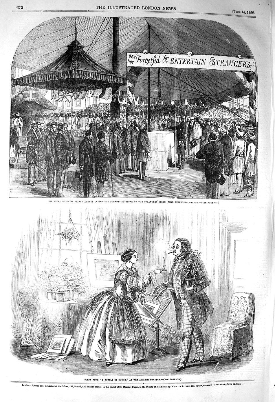Original Old Antique Print 1856 Prince Albert Limehouse Church Adelphi 19th