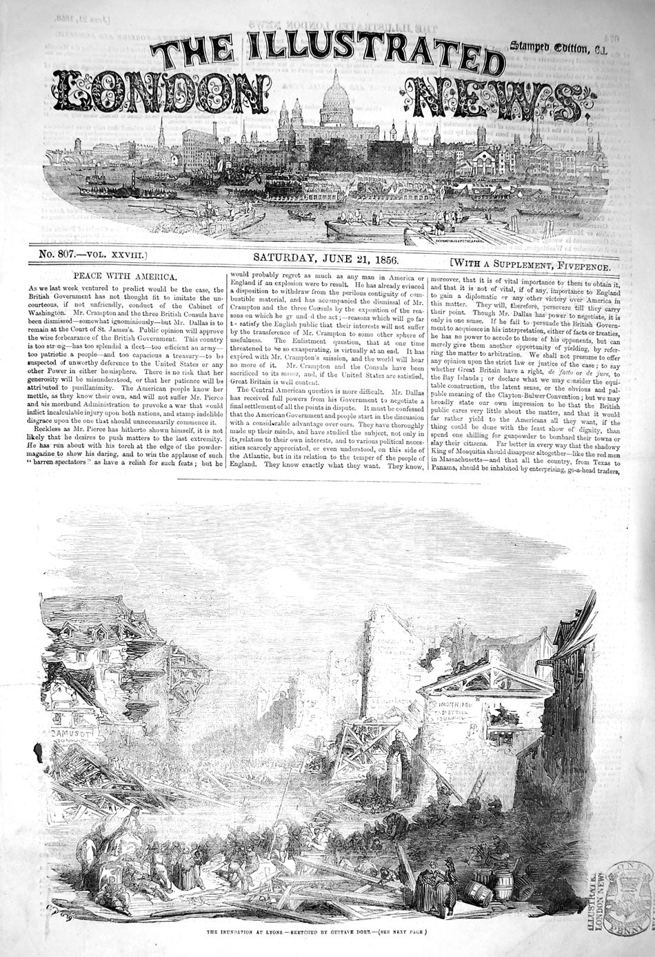 Original Old Antique Print 1856 Inundation Lyons France Buildings Rui Victorian
