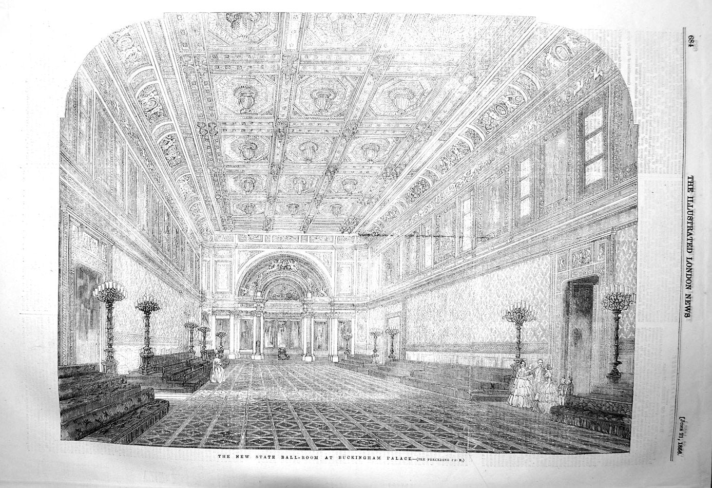 Original Old Antique Print 1856 State Ball Room Buckingham Palace London 19th