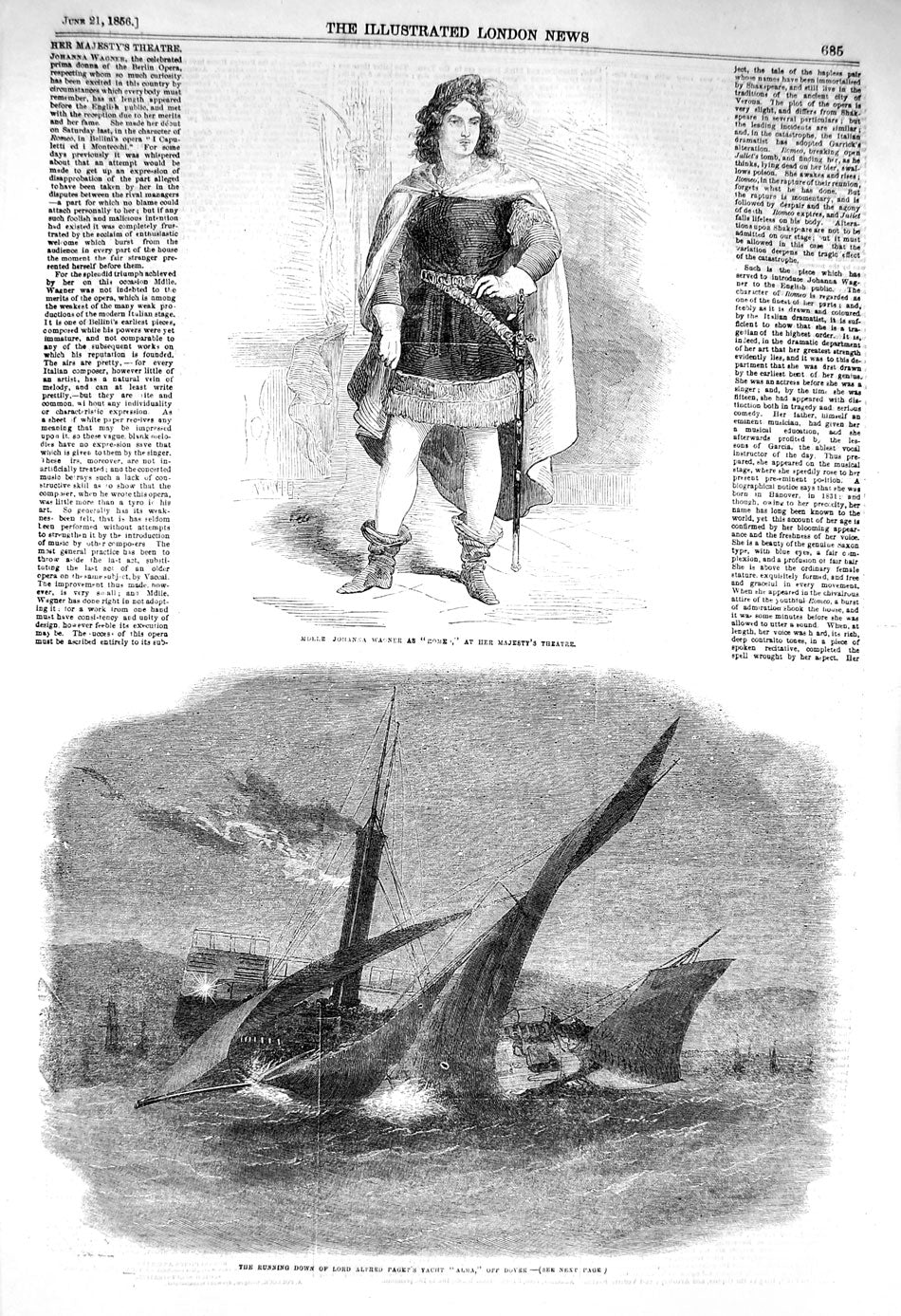 Original Old Antique Print 1856 Johanna Wagner Theatre Alfred Paget Yacht Alma