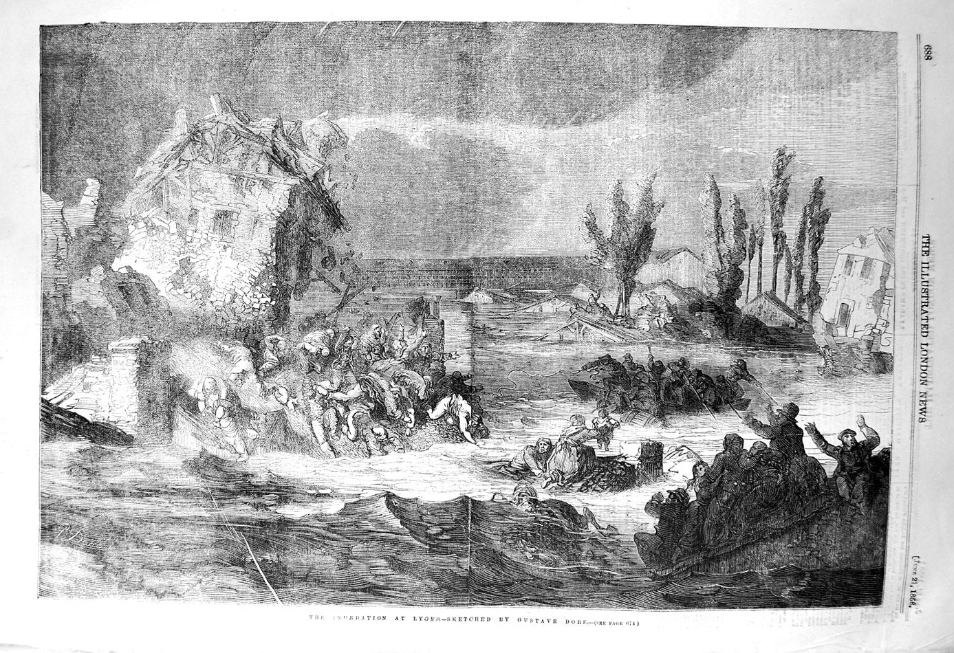 Original Old Antique Print 1856 Inundation Lyons France Floods River Boat 19th